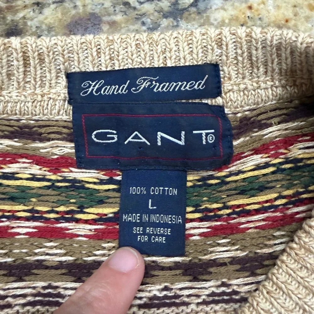 Gant Hand Framed Mens Large Cotton Fair Isle Geometric Crewneck Sweater Vintage